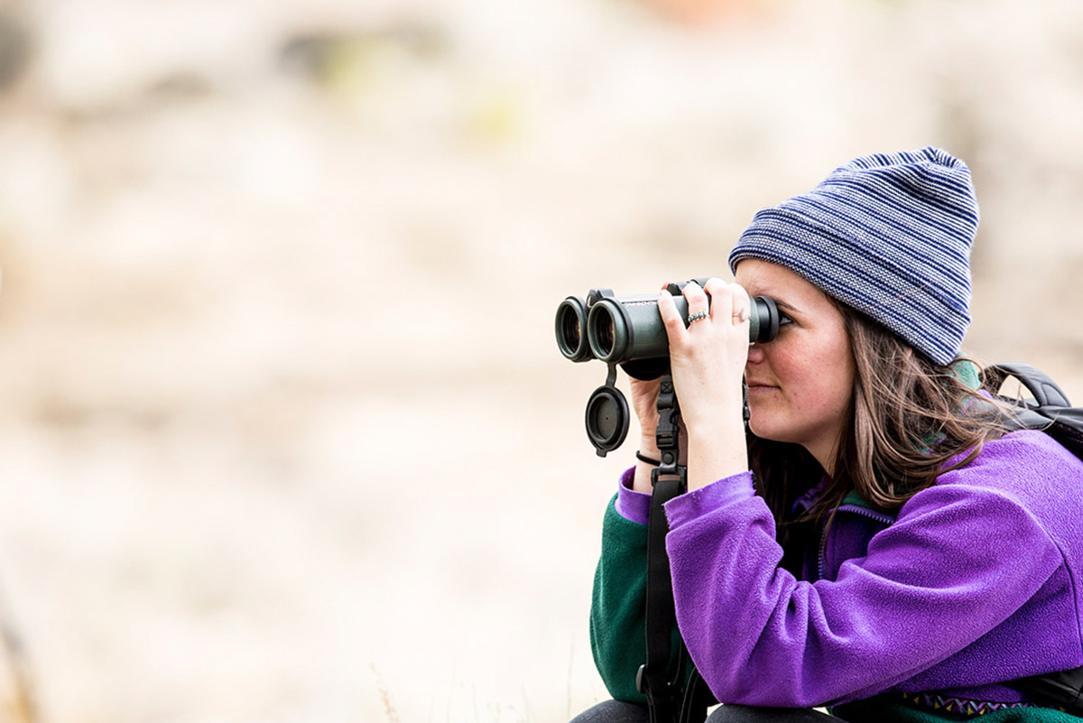 Celestina Davidson, ’17, scans, or “glasses,” the hills for wildlife.