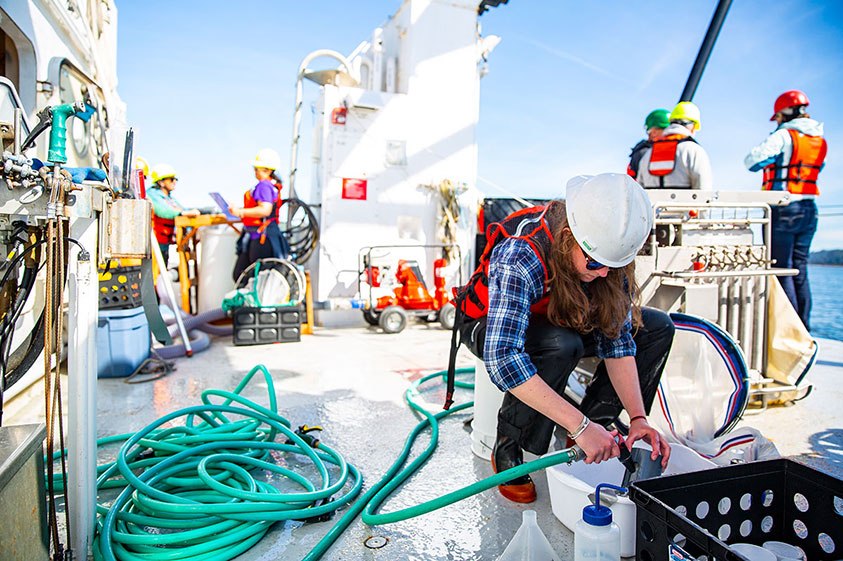 Graduate student Amy Wyeth rinses off equipment before it is reused on a zooplankton-catching device known as a multinet.